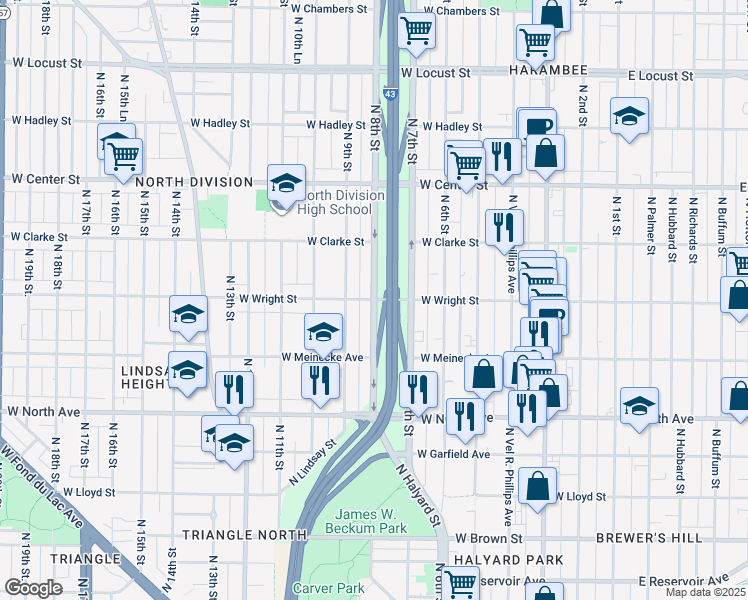 map of restaurants, bars, coffee shops, grocery stores, and more near North 8th Street in Milwaukee