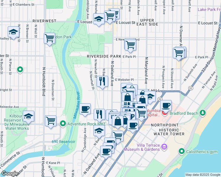map of restaurants, bars, coffee shops, grocery stores, and more near 2507 North Oakland Avenue in Milwaukee
