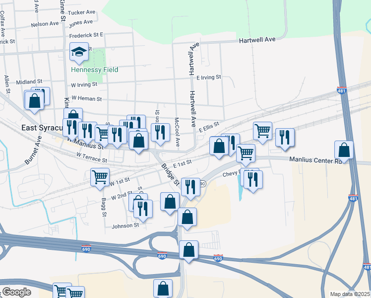 map of restaurants, bars, coffee shops, grocery stores, and more near 307 East Manlius Street in East Syracuse