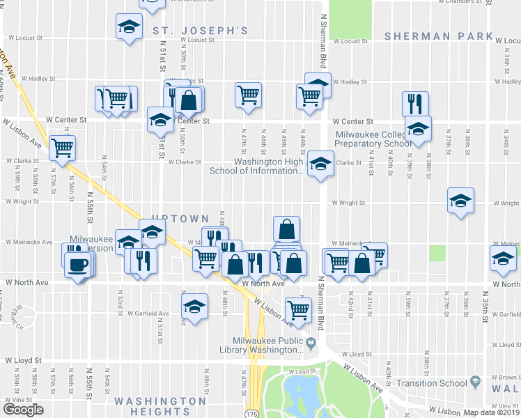 map of restaurants, bars, coffee shops, grocery stores, and more near 2473 North 46th Street in Milwaukee