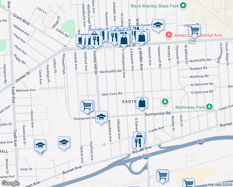 map of restaurants, bars, coffee shops, grocery stores, and more near 298 Hillsdale Avenue in Syracuse