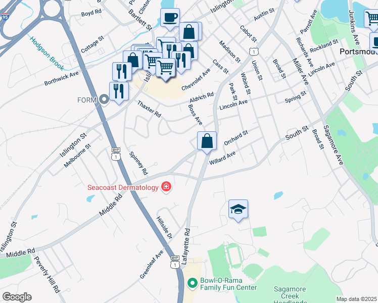 map of restaurants, bars, coffee shops, grocery stores, and more near 165 Middle Road in Portsmouth