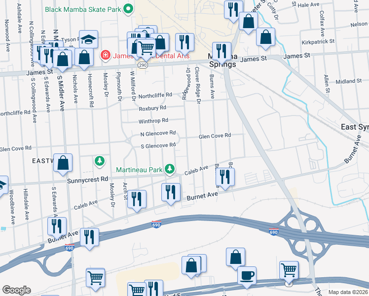 map of restaurants, bars, coffee shops, grocery stores, and more near 123 Aberdeen Terrace in Syracuse