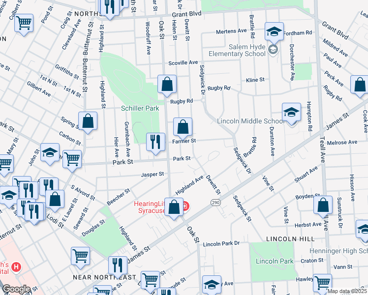 map of restaurants, bars, coffee shops, grocery stores, and more near 301 Dewitt Street in Syracuse