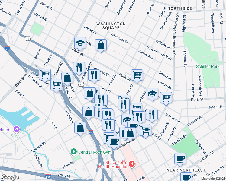 map of restaurants, bars, coffee shops, grocery stores, and more near 141 Lilac Street in Syracuse