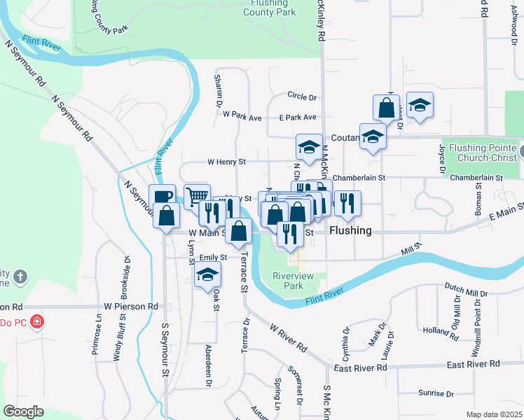 map of restaurants, bars, coffee shops, grocery stores, and more near 104 North Maple Street in Flushing