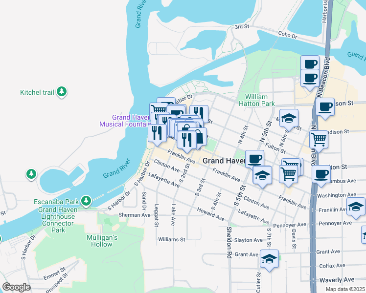 map of restaurants, bars, coffee shops, grocery stores, and more near 17 South 2nd Street in Grand Haven