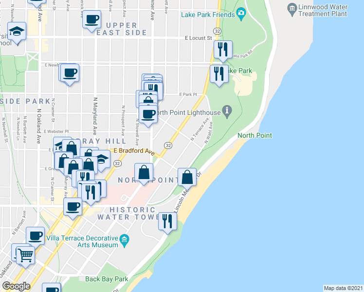 map of restaurants, bars, coffee shops, grocery stores, and more near 2535 North Terrace Avenue in Milwaukee