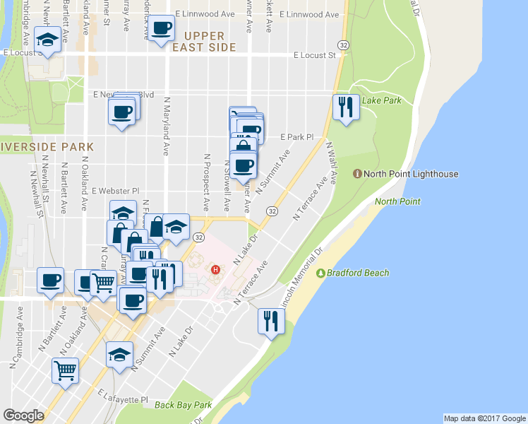 map of restaurants, bars, coffee shops, grocery stores, and more near in Milwaukee
