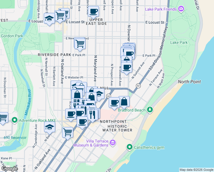 map of restaurants, bars, coffee shops, grocery stores, and more near 2323 East Bradford Avenue in Milwaukee