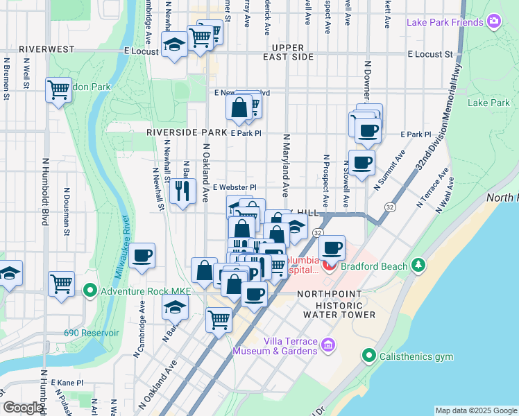 map of restaurants, bars, coffee shops, grocery stores, and more near 2019 East Bradford Avenue in Milwaukee
