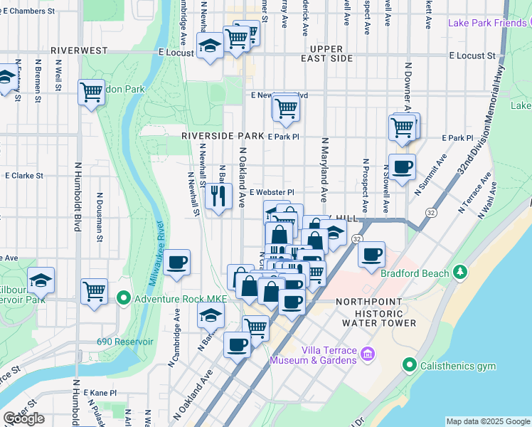map of restaurants, bars, coffee shops, grocery stores, and more near 2490 North Cramer Street in Milwaukee