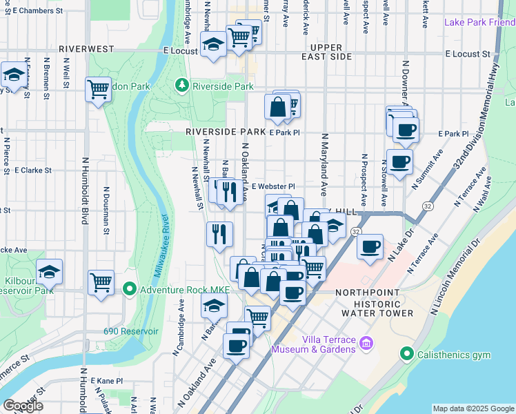 map of restaurants, bars, coffee shops, grocery stores, and more near 2490 North Cramer Street in Milwaukee