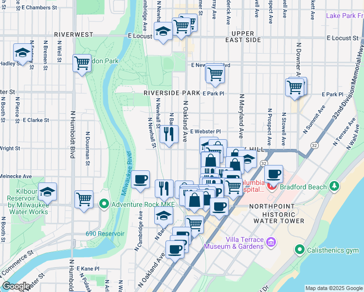 map of restaurants, bars, coffee shops, grocery stores, and more near in Milwaukee