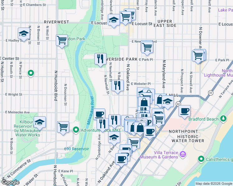 map of restaurants, bars, coffee shops, grocery stores, and more near 2497-2499 North Bartlett Avenue in Milwaukee