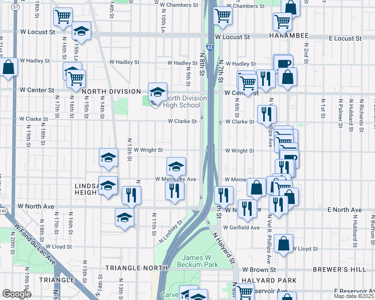 map of restaurants, bars, coffee shops, grocery stores, and more near 2456 North 9th Street in Milwaukee