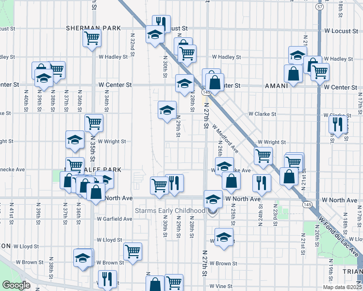 map of restaurants, bars, coffee shops, grocery stores, and more near 2454 North 29th Street in Milwaukee