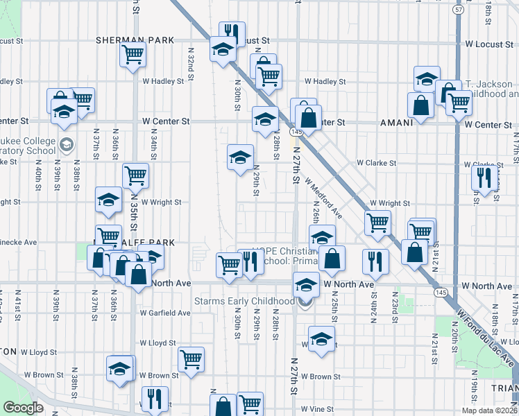 map of restaurants, bars, coffee shops, grocery stores, and more near 2454 North 29th Street in Milwaukee