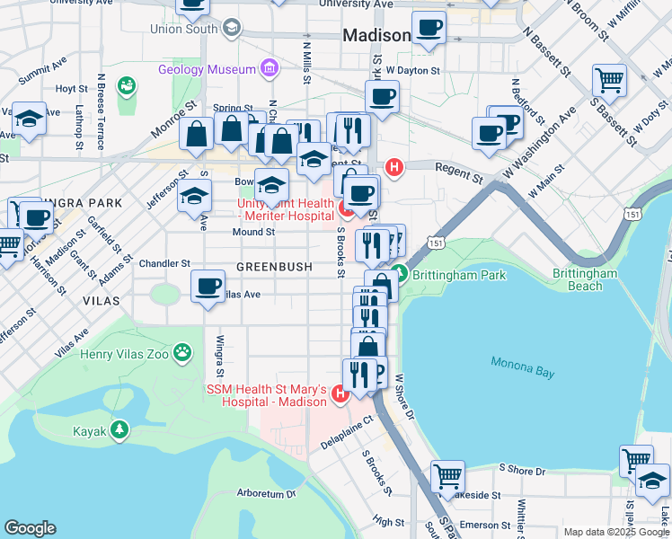 map of restaurants, bars, coffee shops, grocery stores, and more near 1014 Vilas Avenue in Madison