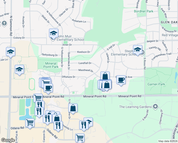 map of restaurants, bars, coffee shops, grocery stores, and more near 212 Nautilus Drive in Madison