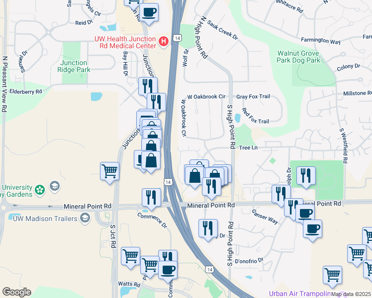 map of restaurants, bars, coffee shops, grocery stores, and more near 33 West Oakbridge Court in Madison