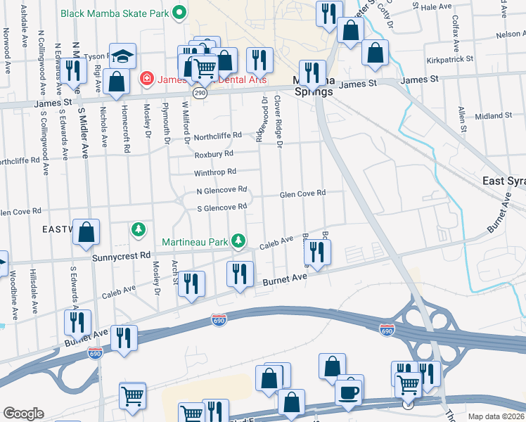 map of restaurants, bars, coffee shops, grocery stores, and more near 418 Ridgewood Drive in Syracuse