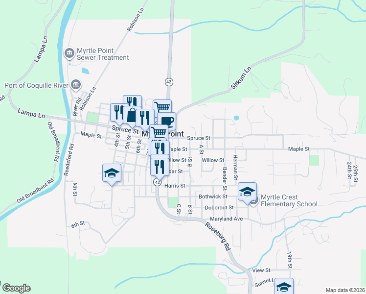 map of restaurants, bars, coffee shops, grocery stores, and more near 413 C Street in Myrtle Point