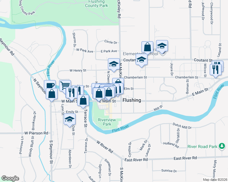 map of restaurants, bars, coffee shops, grocery stores, and more near 204 Elm Street in Flushing