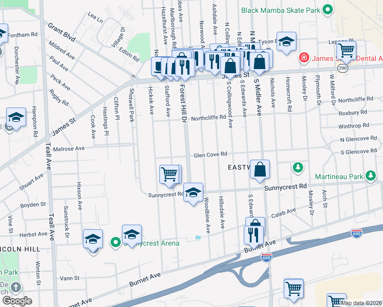 map of restaurants, bars, coffee shops, grocery stores, and more near 273 Forest Hill Drive in Syracuse