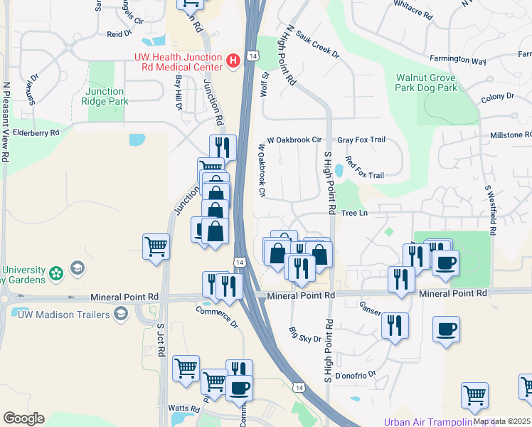 map of restaurants, bars, coffee shops, grocery stores, and more near 33 West Oakbridge Court in Madison