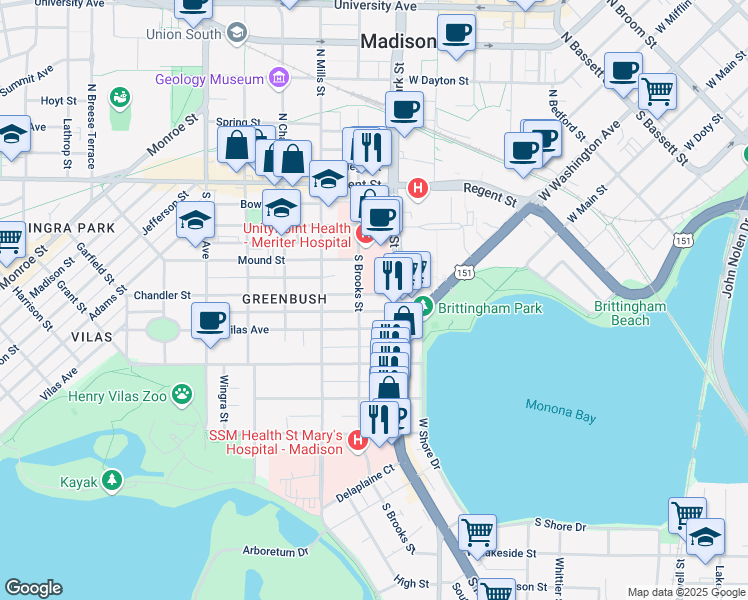 map of restaurants, bars, coffee shops, grocery stores, and more near 923 Chandler Street in Madison