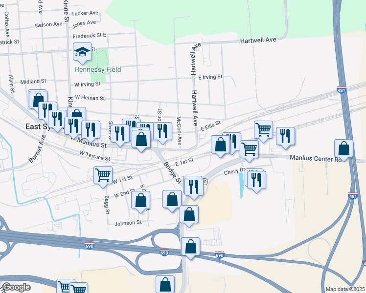 map of restaurants, bars, coffee shops, grocery stores, and more near 301 East Manlius Street in East Syracuse