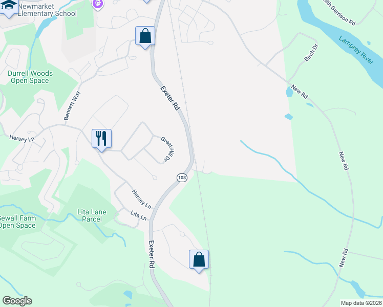 map of restaurants, bars, coffee shops, grocery stores, and more near Exeter Road in Newmarket