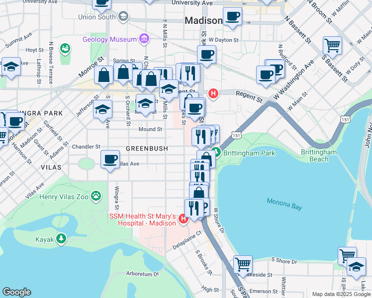 map of restaurants, bars, coffee shops, grocery stores, and more near 935 Chandler Street in Madison