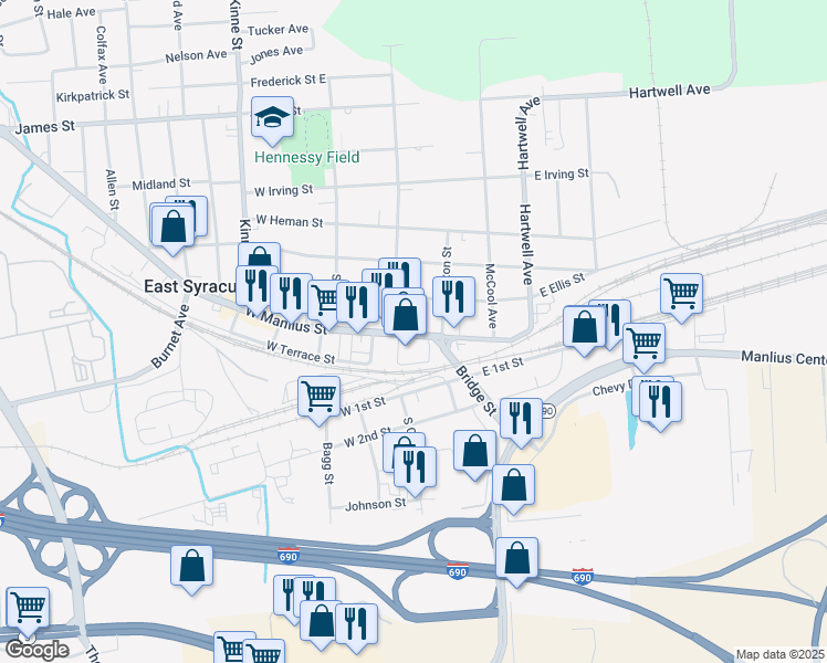 map of restaurants, bars, coffee shops, grocery stores, and more near 117 East Manlius Street in East Syracuse
