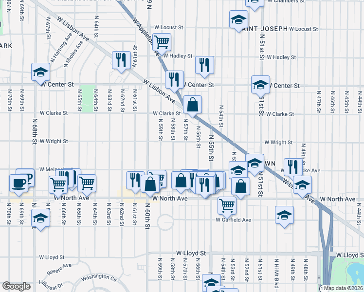 map of restaurants, bars, coffee shops, grocery stores, and more near 2444 North 57th Street in Milwaukee