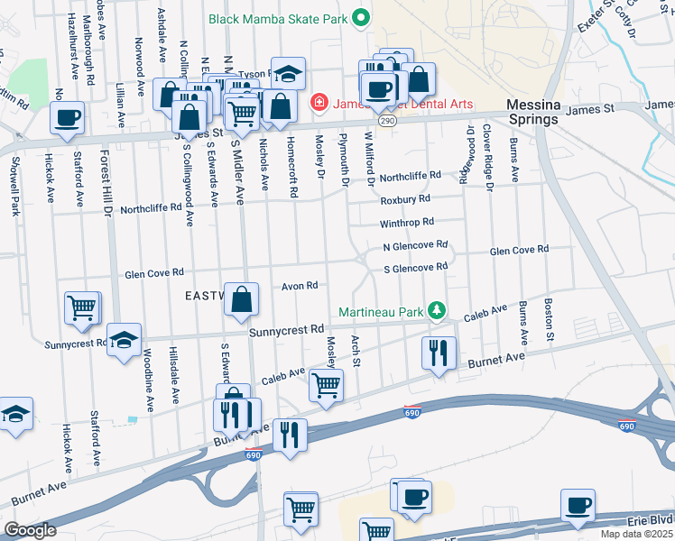 map of restaurants, bars, coffee shops, grocery stores, and more near 161 Avon Road in Syracuse