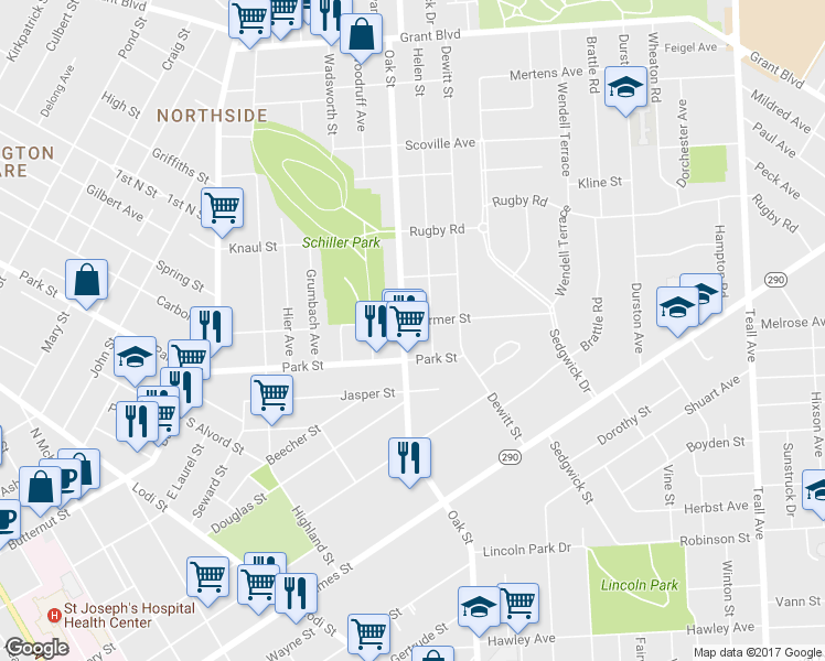 map of restaurants, bars, coffee shops, grocery stores, and more near 828 Oak Street in Syracuse