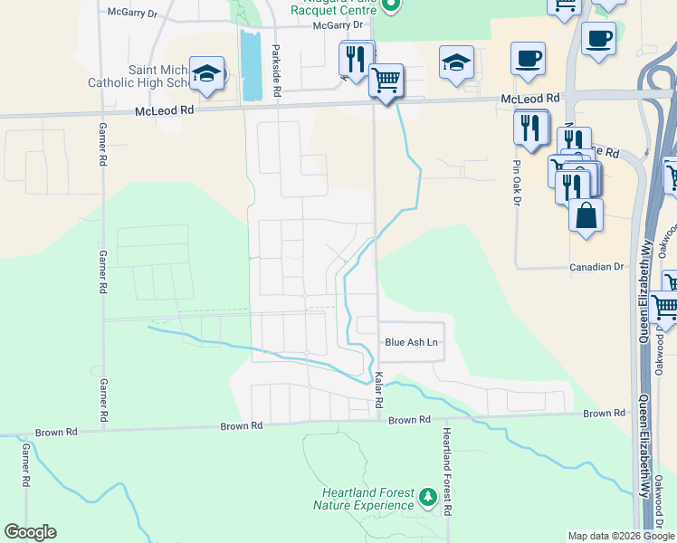 map of restaurants, bars, coffee shops, grocery stores, and more near Warren Woods Trail in Niagara Falls