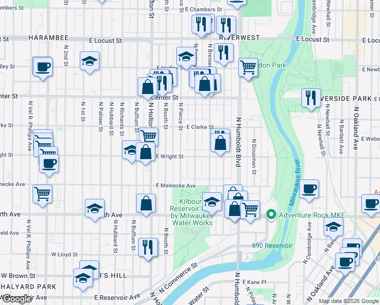 map of restaurants, bars, coffee shops, grocery stores, and more near 2466 North Fratney Street in Milwaukee