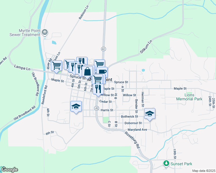 map of restaurants, bars, coffee shops, grocery stores, and more near 403 Railroad Avenue in Myrtle Point