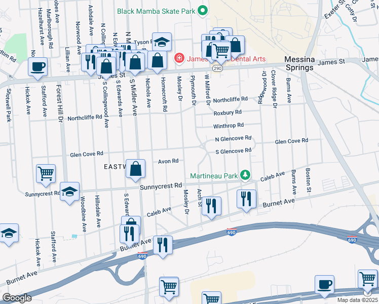 map of restaurants, bars, coffee shops, grocery stores, and more near 161 Avon Road in Syracuse