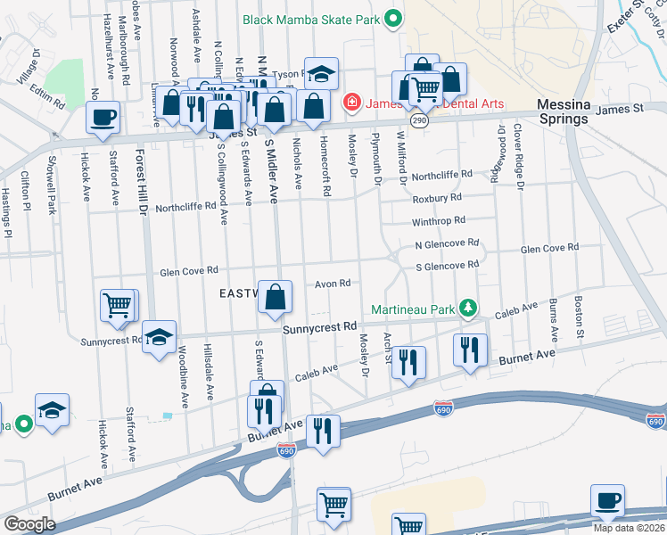 map of restaurants, bars, coffee shops, grocery stores, and more near 122 Avon Road in Syracuse