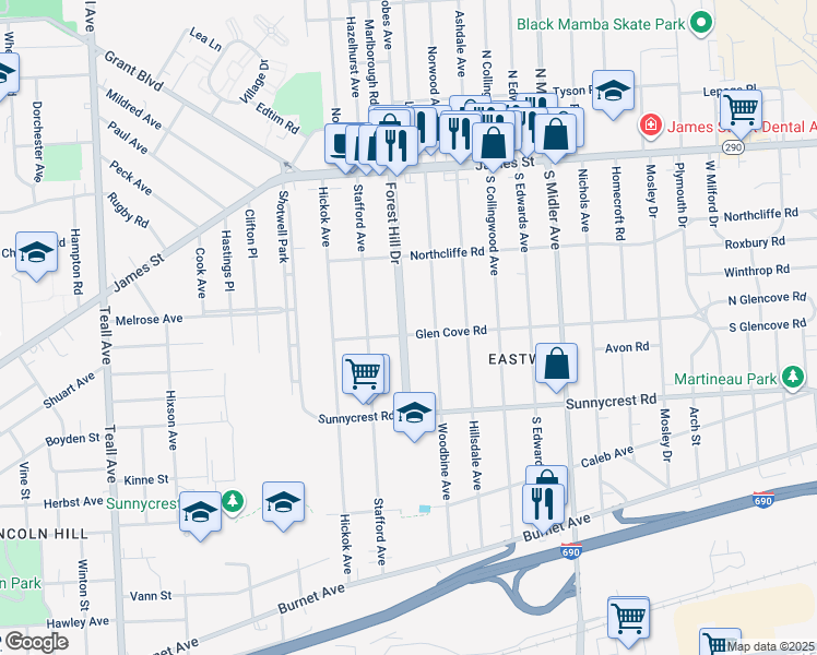 map of restaurants, bars, coffee shops, grocery stores, and more near 308 Woodbine Avenue in Syracuse