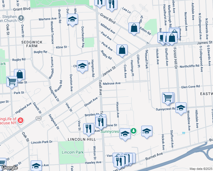 map of restaurants, bars, coffee shops, grocery stores, and more near 112 Eldorado Street in Syracuse