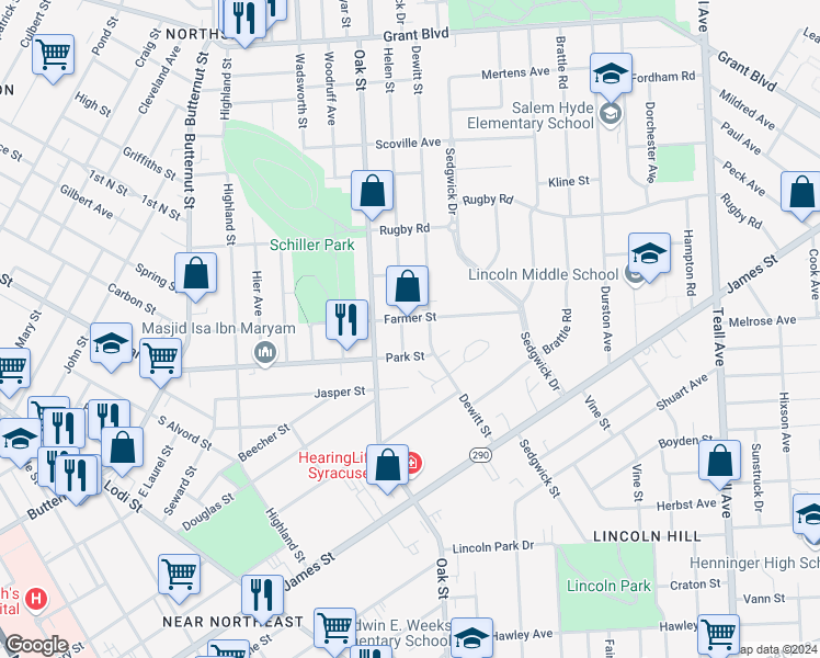 map of restaurants, bars, coffee shops, grocery stores, and more near 301 Dewitt Street in Syracuse