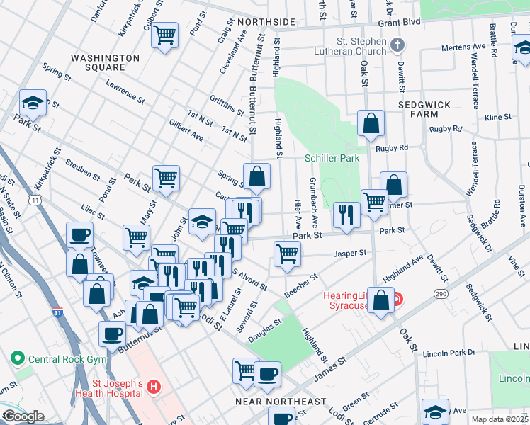 map of restaurants, bars, coffee shops, grocery stores, and more near 924 Butternut Street in Syracuse