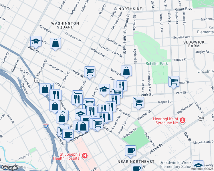map of restaurants, bars, coffee shops, grocery stores, and more near 815 Park Street in Syracuse