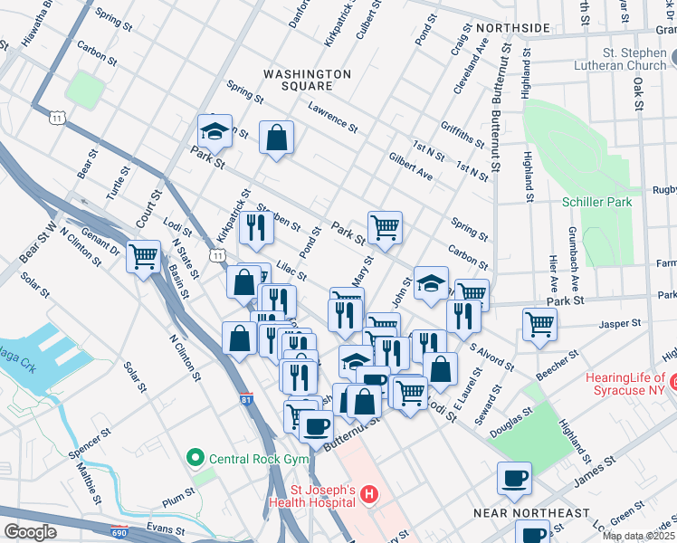 map of restaurants, bars, coffee shops, grocery stores, and more near 129 Mary Street in Syracuse