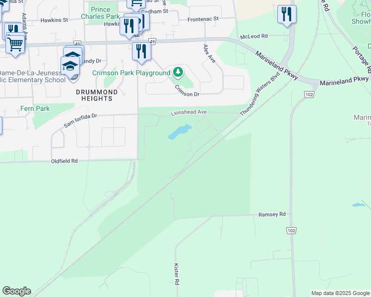 map of restaurants, bars, coffee shops, grocery stores, and more near 7714 Green Vista Gate in Niagara Falls